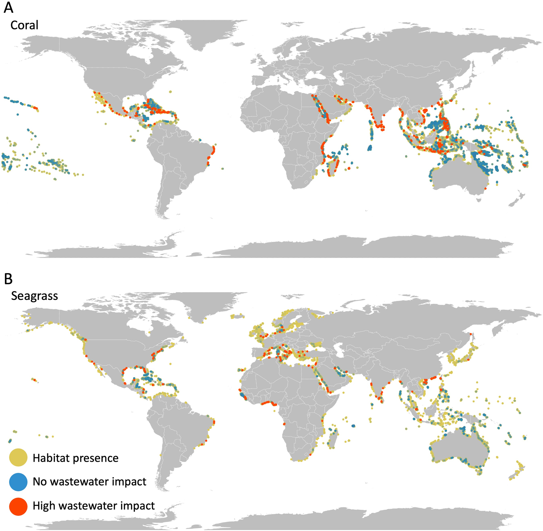 Expected impact of N on sensitive coastal habitats. Maps show where (A) coral reefs and (B) seagrass beds are heavily impacted (raster cells in top 2.5% of exposure; red dots), not impacted (no exposure to wastewater N; dark blue dots), or impacted but not in the top 2.5% (yellow dots). Raster cells are represented as points that visually over-represents the habitat; red is overlaid on top which makes it visually dominant; blue points are transparent and overlaid on green/yellow points such that higher densities of unimpacted areas are brighter blue.