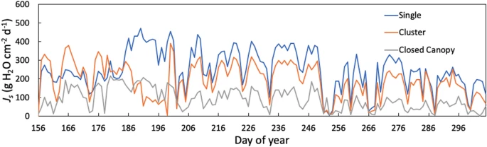 Time-series of the mean daily sum of sap flux density (JS) in the outer 2 cm measured in 2018 for the three management contexts.