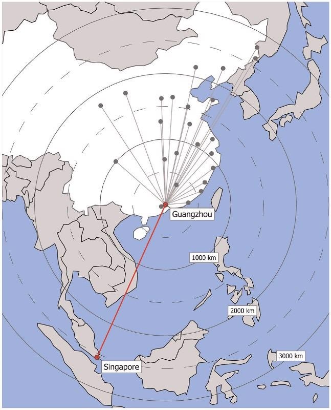 Map showing Singapore and Guangzhou, the main departure city from China, and assumed supplier locations in China as grey dots.
