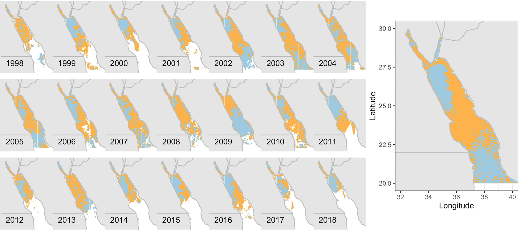Annual clustering results from the northern part of the Red Sea. (left) Annual spatial distribution of bio-regions #3 and #4 from 1998 to 2018, and (right) the average map.