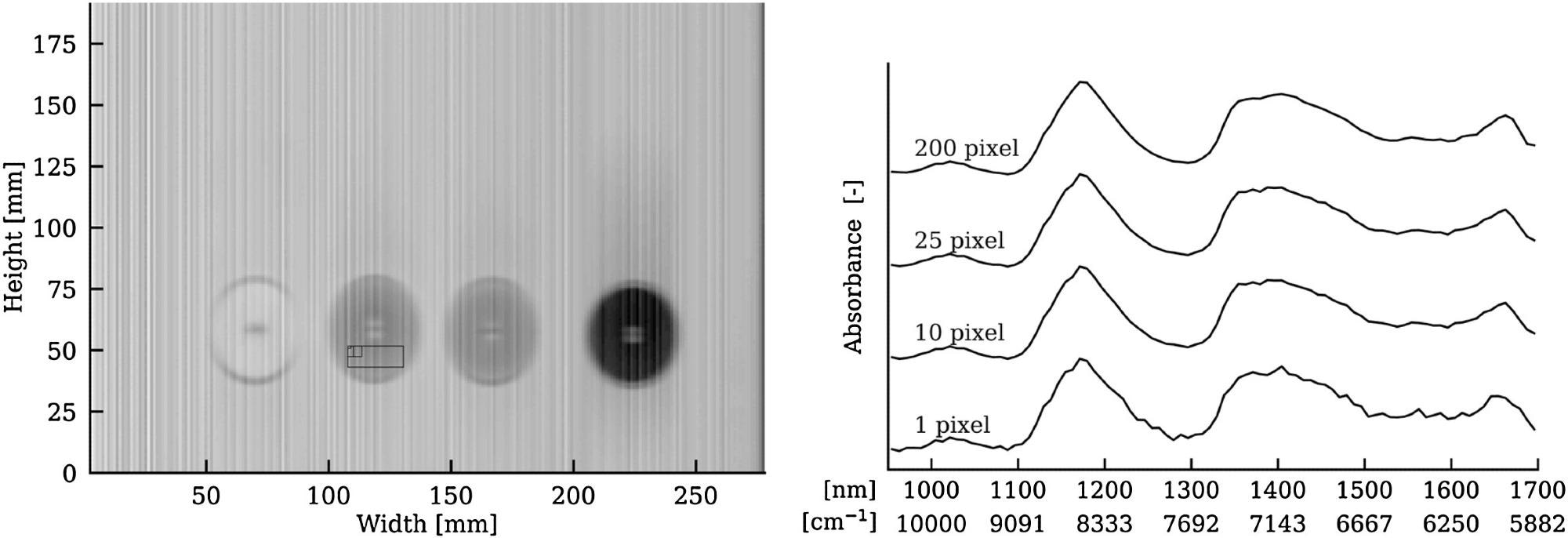 Left, four disks (left to right: PEEK, POM N, POM N, and POM B) presented at 1204 nm and POM N (marked with the area of averaging). Right, hyperspectral spectrum of POM N from scans averaged over 1, 10, 25, and 200 pixels, respectively.