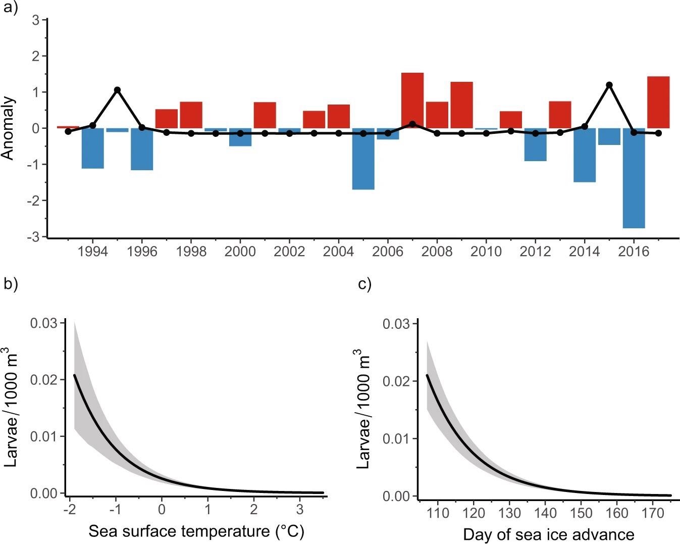 Relationships between sea surface temperature, sea ice, and Antarctic Silverfish abundance. (a) Positive (red; warmer temperatures) and negative (blue; cooler temperatures) anomalies in the standardized mean sea surface temperature (see “Methods”) for the Palmer LTER study region during austral summer (December, January, February). Standardized anomalies in mean annual larval Antarctic Silverfish abundance (larvae/1000 m3) that were captured during January and February are overlaid (black dotted line). (b, c) Predicted impact (solid black lines) on larval Antarctic Silverfish abundance from (b) sea surface temperature (p < 0.001) and (c) lagged day of sea ice advance (p < 0.001) from the model. Sea ice advance was temporally lagged in the model to align with life history patterns in adult Antarctic Silverfish abundance. The shaded regions represent the 95% prediction interval, which considers uncertainty from the fixed effects, zero-inflation, and random effects components of the final model.
