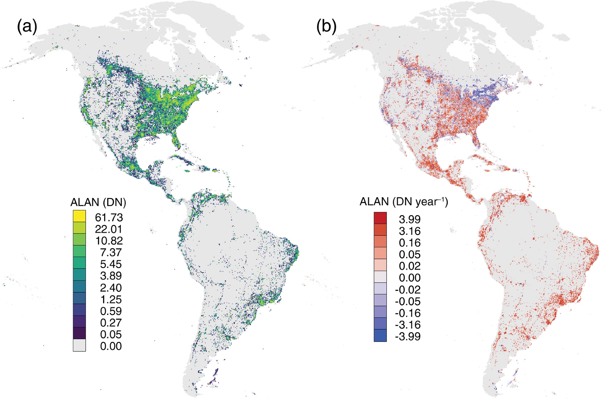 (a) Average artificial light at night (ALAN) and (b) the trend in ALAN during the period 1992–2013 within the Western Hemisphere. The ALAN data are gridded at a 30-arcsecond spatial resolution (ca. 1?km at the equator), and the units are digital numbers (DNs; range = 0–63). The trend analysis was implemented using ordinary least-squares regression. The data are displayed using a Mollweide equal-area projection