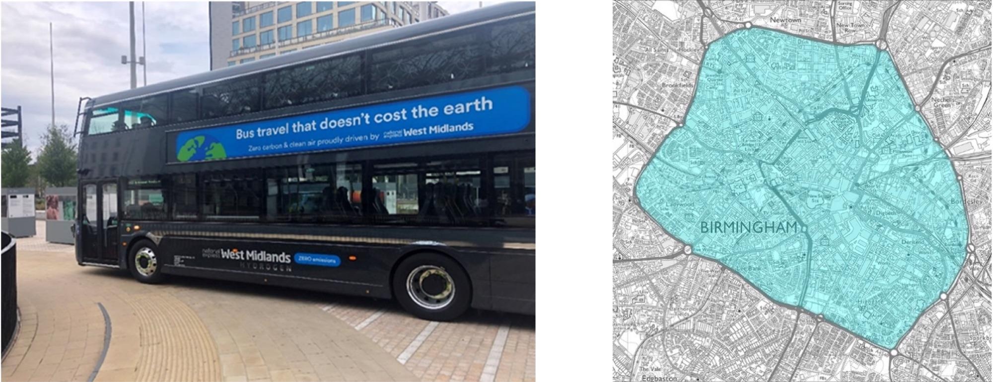 Left: Hydrogen fuel cell battery electric bus arriving in Birmingham July 2021; Right: Clean Air Zone (CAZ) map.