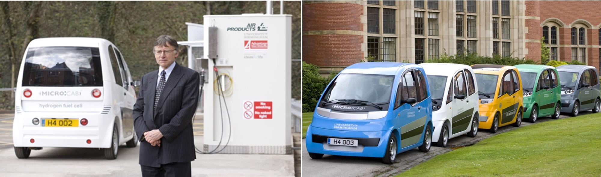 Left: First UK green hydrogen station opened in 2008 at the University of Birmingham by K Kendall; Right: five hydrogen-fuel-cell-battery-electric-Microcab cars tested on campus over 5 years.