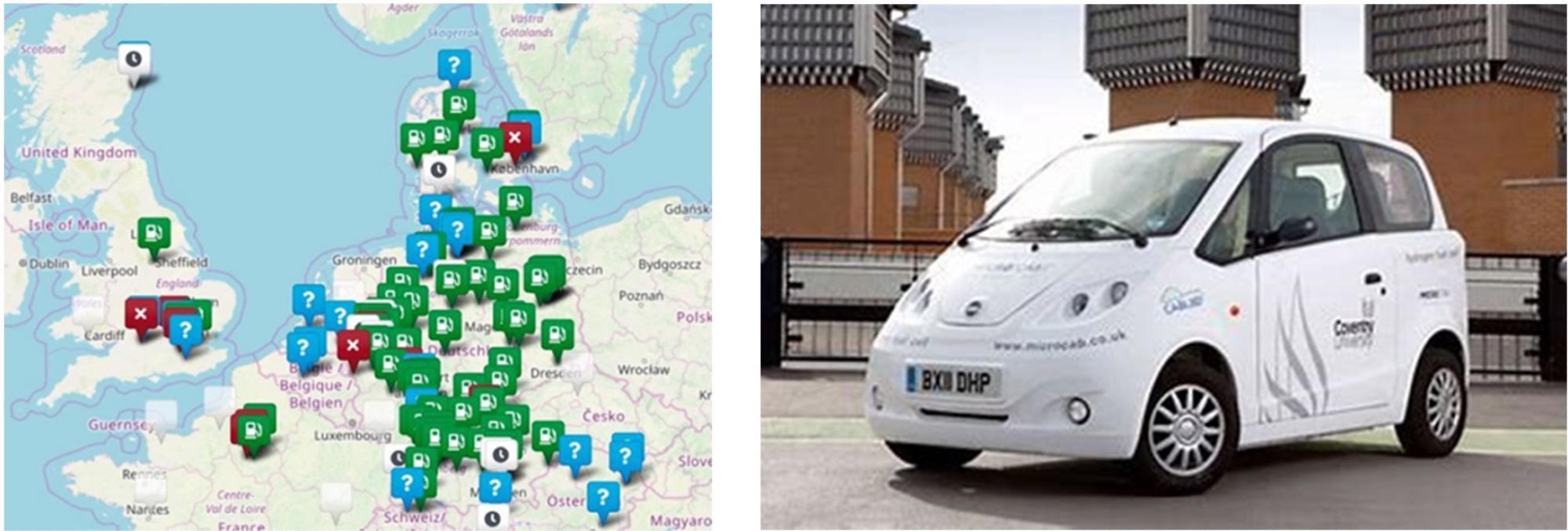 Left: 2021 hydrogen stations in the UK compared to the EU, showing that the UK has only 12 stations in 2021 with only 4 working, which is well behind Germany with 93; Right: Microcab HFCBEV taxi/van built in Birmingham.
