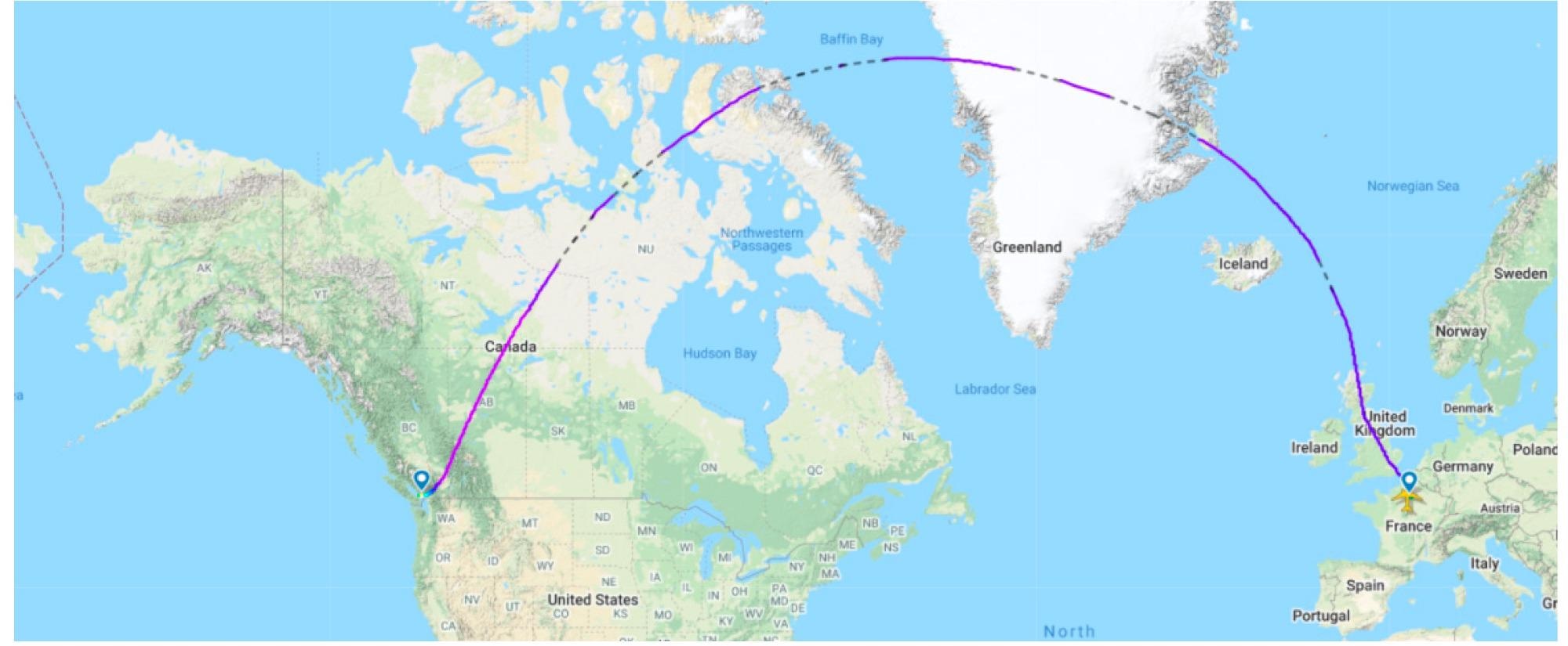 The flight route between Paris and Vancouver adopted for the research.