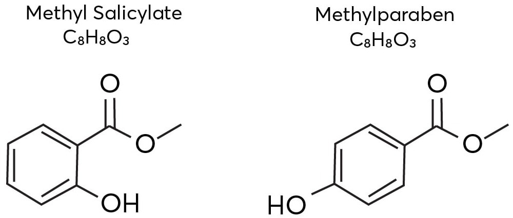The isomeric structures of methyl salicylate and methylparaben.