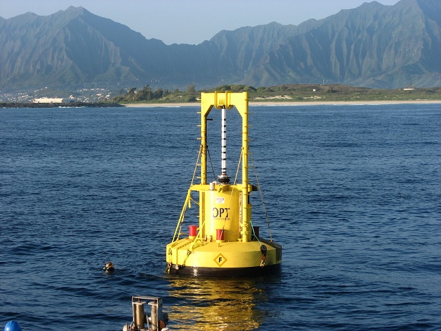 A PowerBuoy wave energy converter in the ocean.