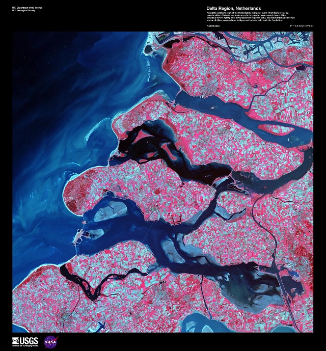 The southern coast of the Netherlands, showing a complex system of canals and inlets. The coastline has changed considerably over the history of the nation, due to numerous historical floods.