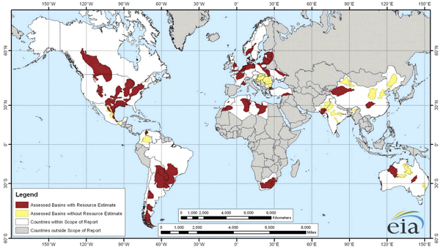Map of the major shale gas basis all over the world from the EIA report World Shale Gas Resources: An Intial Assessment of 14 Regions Outside the United States