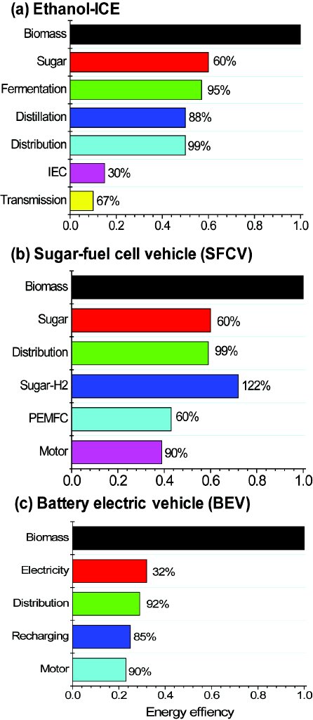 Comparison of biomass-to-kinetic energy efficiency based on ethanol-ICE, SFCV, and BEV.